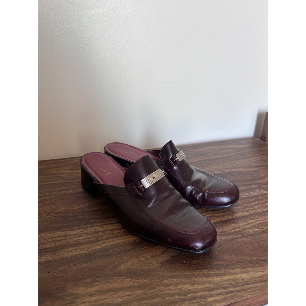 Lauren Ralph Lauren Ethel Burgundy Leather Mule Loafers Block Heel Womens 8.5